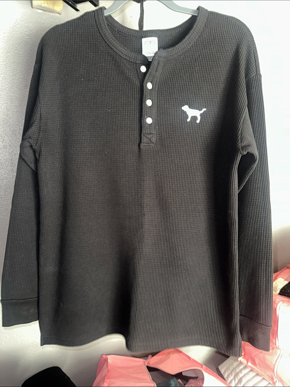 Victoria's Secret Black Long-Sleeve Waffle Henley with Dog Logo